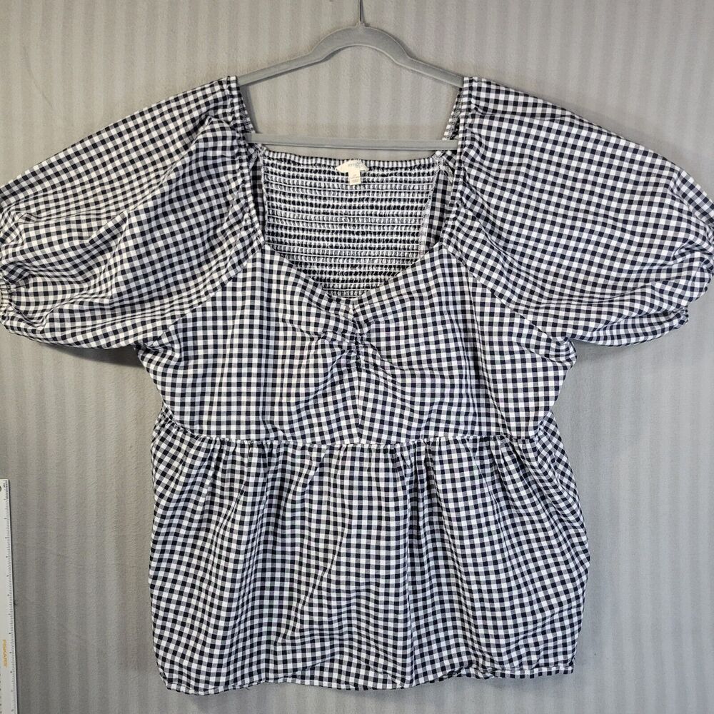 Terra & Sky Blouse Plus Size 3X blue gingham plaid Smocked Back Puff Sleeve